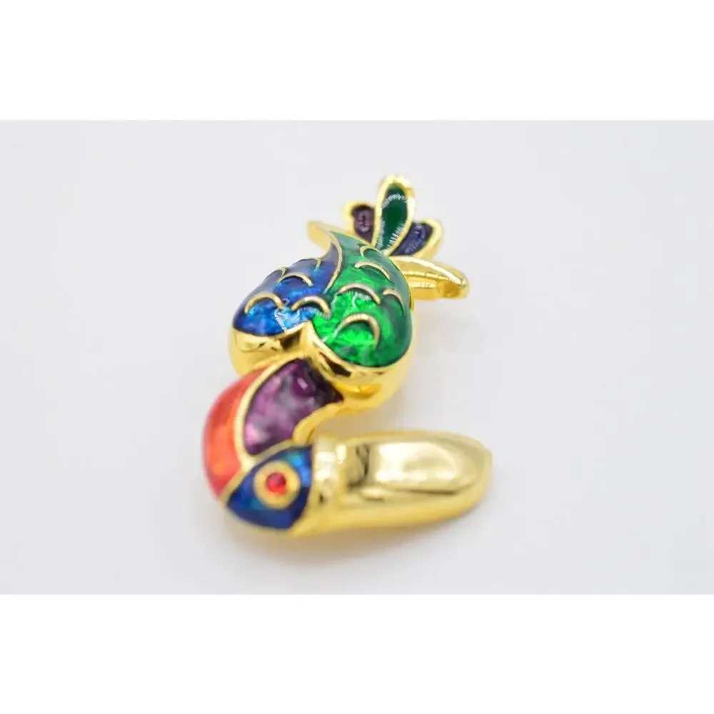 Vintage Toucan Pin Brooch Gold Bird Multi-Color Enamel Red Rhinestone 1980s 9B